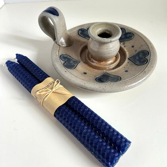 Rowe Pottery Chamber Candle Holder Blue Hearts and Beeswax Candles Countrycore - Picture 8 of 11